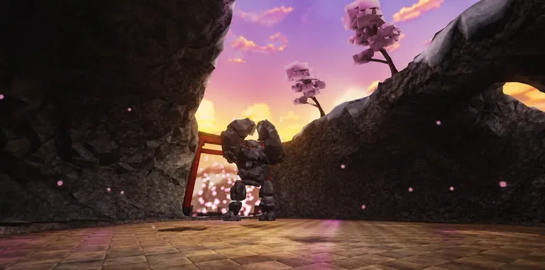 Rocky valley with a giant stone golem towering over the path in Dungeon Quest Reborn